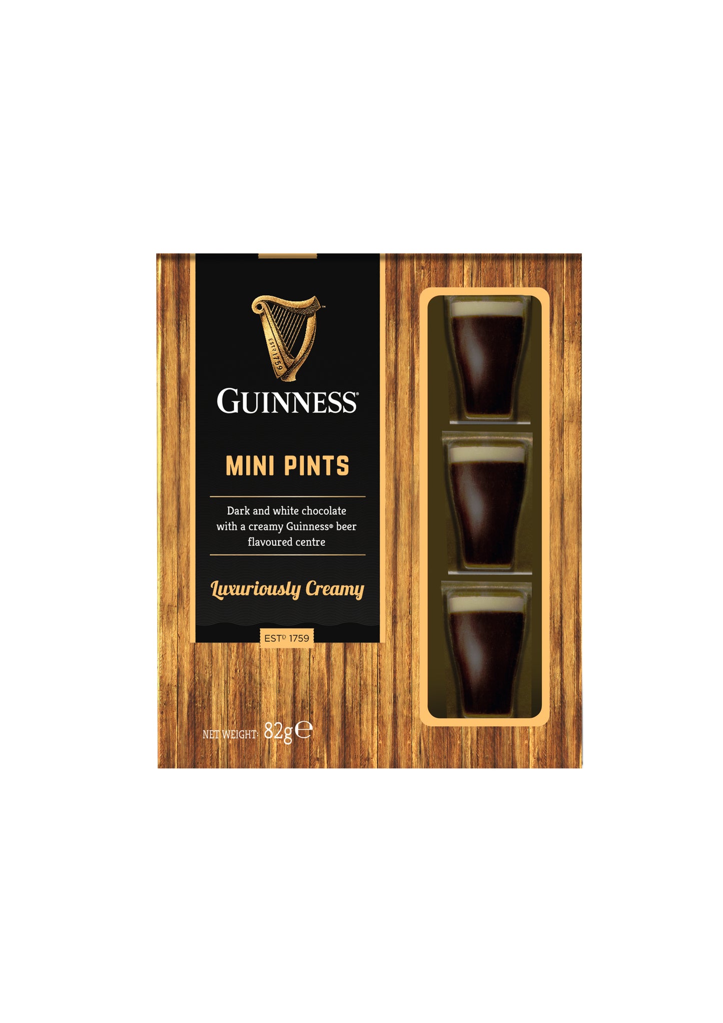 Guinness súkkulaði mótað eins og Guinness glasið. 9 stk í pakka. Mjólkursúkkulaði og hvítt súkkulaði. 82g.