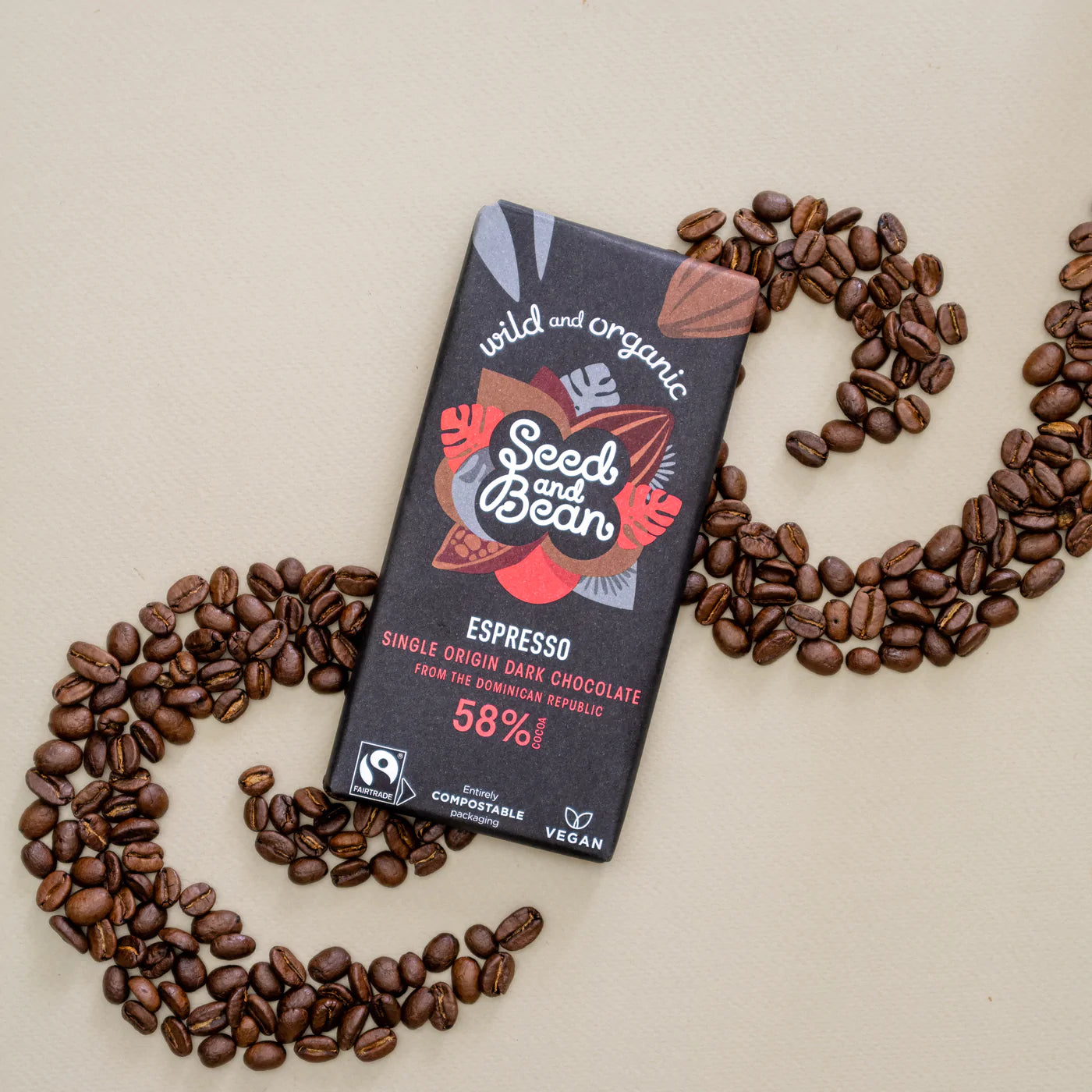 Seed & Bean 58% dökkt súkkulaði með espresso kaffi. Lífrænt og vegan. 75g.