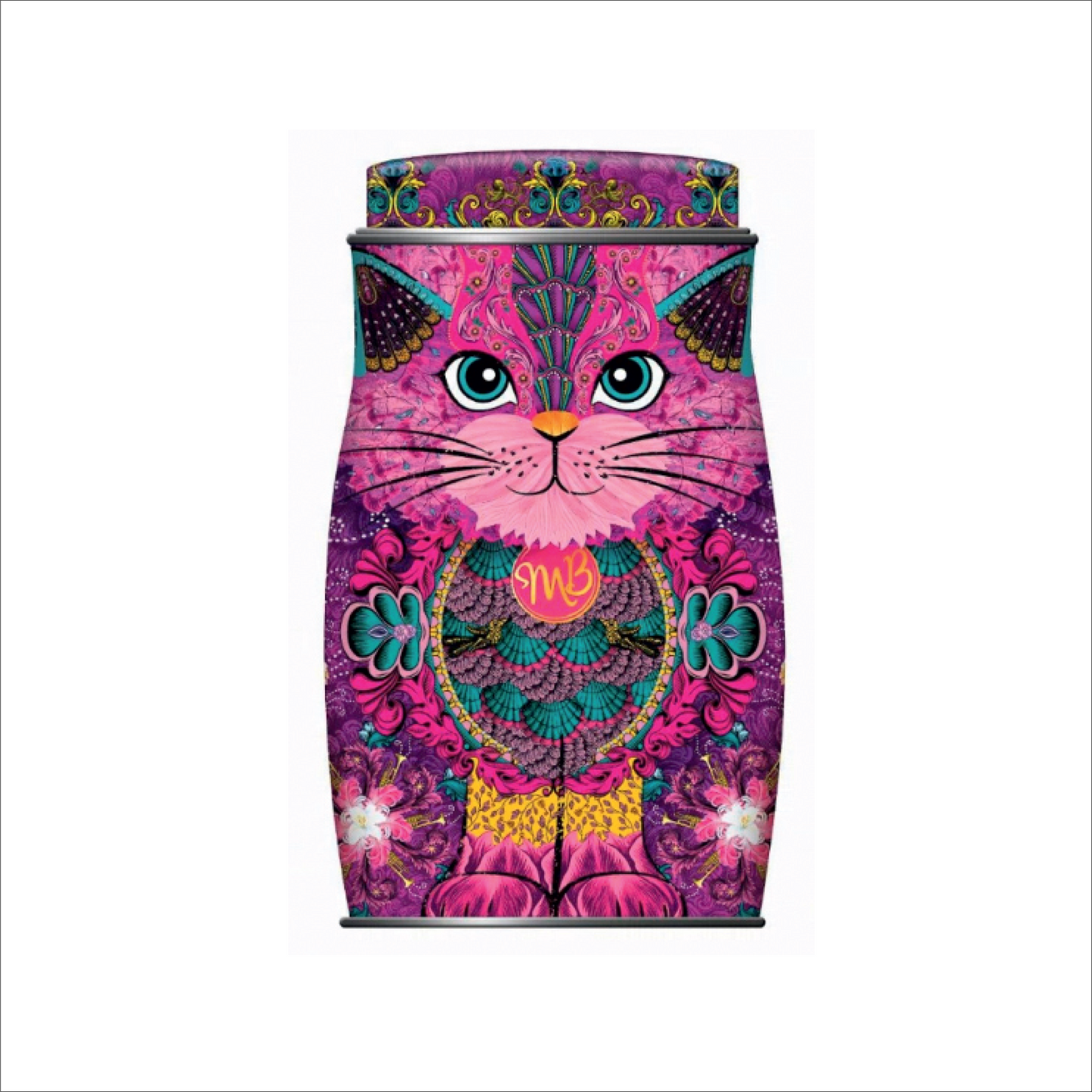 Persian Pink Cat málmaskja með Choccy Scoffy súkkulaði trufflum frá Monty Bojangles. 135g.